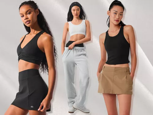 Three women modeling activewear outfits including a sports bra with a skirt, a tank top with sweatpants, and a tank top with shorts