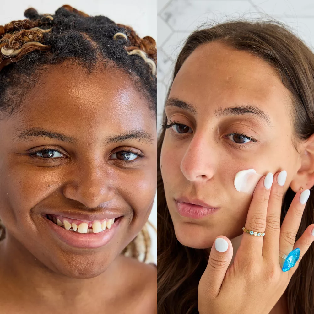 A person's face after applying Tula Skincare Beauty Sleep Overnight Repair Treatment and a person applying the Derma-E Ultra Hydrating Advanced Repair Night Cream to their cheek